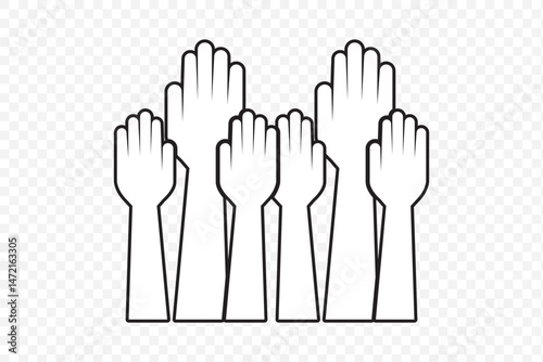 Raised hands voting icon vector sign on Transparent Background. EPS 10. Voting hands line icon set. Hand reaching silhouette, human raised hands. People vote by hand sign.
