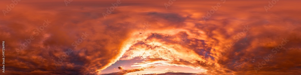 Obraz premium 360 panorama of glowing sunset sky with bright pink Cumulus clouds. HDR 360 seamless spherical panorama. Full zenith or sky dome sky replacement for aerial drone panoramas. Climate and weather change.