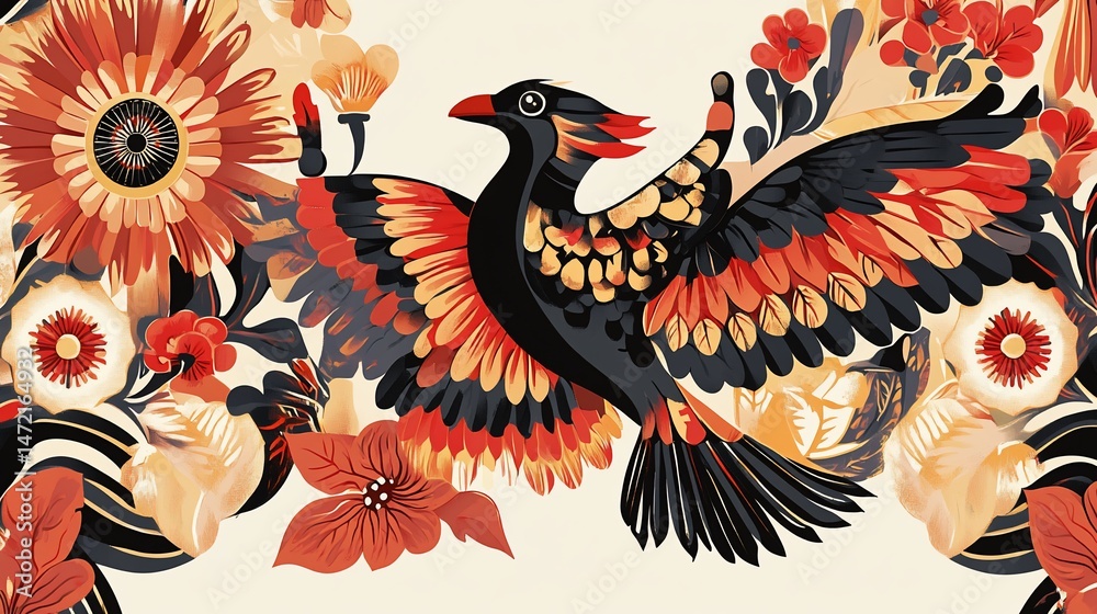 Obraz premium Decorative bird with flowers. Bold, vibrant illustration with a repeating pattern.