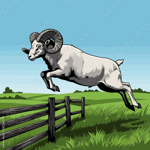 Ram Jumping Over Fence in Pastoral Landscape with Green Hills