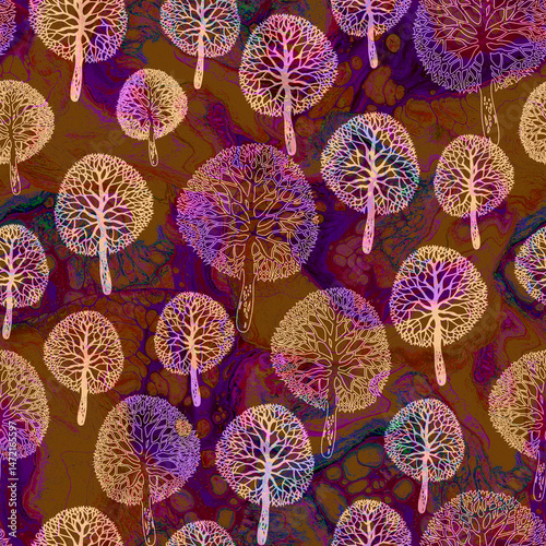 Forest in doodle style seamless pattern with brown trees silhouettes. Nature design for create textile, wallpaper, apparel, wall panel, poster, baby bedding, organic package, decorations