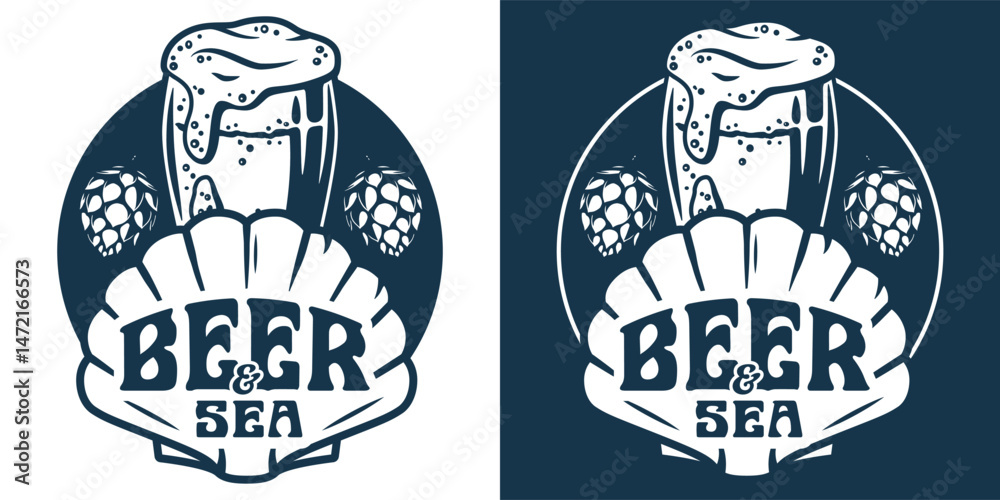 Obraz premium Retro monochrome emblem with brimming beer glass, hops, scallop shell. Beer, brew, sea bar, ocean, nautical marine theme for seaside brewing and coastal pub design.