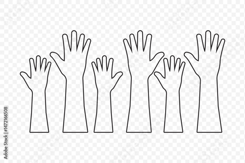 hand rise vote icon sign vector. hands up, raised up volunteering, audiences and teamwork in Stroke on Transparent Background. EPS 10.