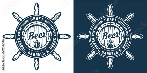 Nautical brewery logo with wooden barrel merged with ship steering wheel. Emblem for ocean themed beer brand. Craft beer, sea bar, ocean, brewing, brew, nautical, marine. Retro style.