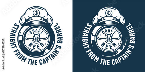 Retro style monochrome emblem with sailor cap on metal beer can, weathered typography. Craft beer, brew, sea bar, ocean, nautical marine theme for maritime brewery or pub design.