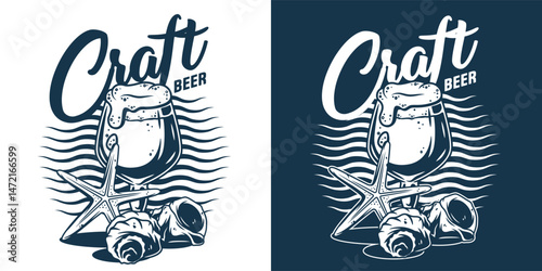 Retro style design with frothy craft beer glass overflowing near seashells and starfish. Beer bar, brew, sea, ocean, nautical marine theme for coastal pub or brewery branding.