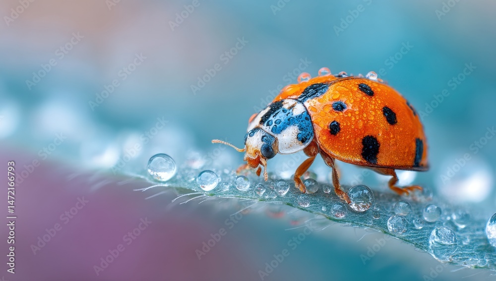 Fototapeta premium A vibrant ladybug, covered in morning dew, delicately walks across a vibrant green leaf, showcasing intricate details and a stunning bokeh background. : Generative AI