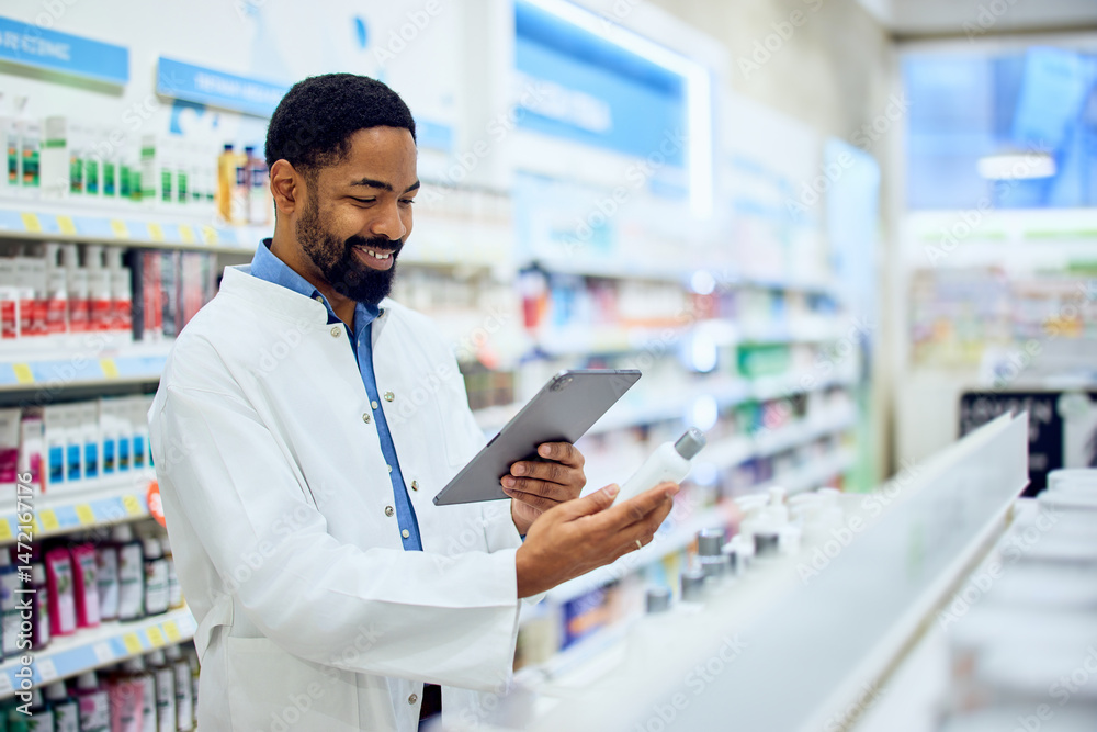 Pharmacist Using Tablet System While Examining Products in a Modern Pharmacy Pharmacist Using Tablet System While Examining Products in a Modern Pharmacy