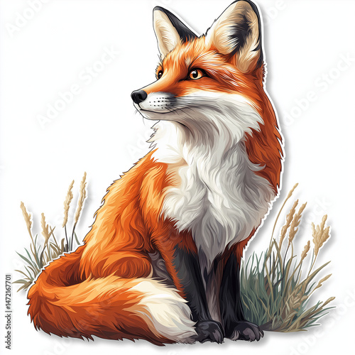 Red Fox in Natural Habitat: An eye-level perspective unveils a captivating portrait of a red fox, poised and observant within its natural habitat, creating a vibrant illustration.