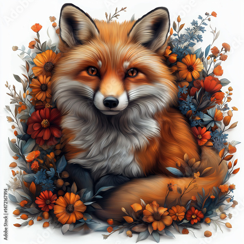 Fox and Flowers: A stunning portrayal of a fox surrounded by vibrant flowers, blending artistry and natural beauty. Capturing the fox's playful gaze and rich colors in a stunning image.