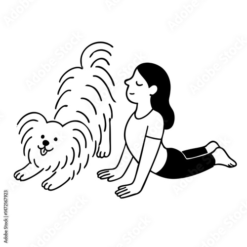 A dog and women doing yoga pose