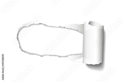 Vector realistic hole torn in paper with rolled edge and shadows on transparent background
