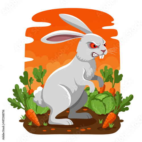 Illustration of Aggressive Rabbit Standing in Garden with Vegetables