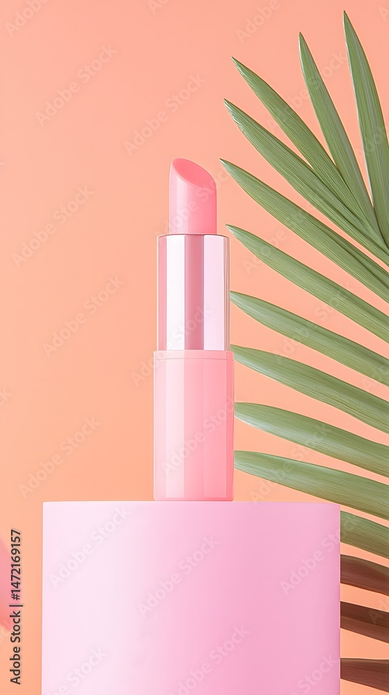 Pink Lip Balm on Peach Podium with Palm Leaf Pink Lip Balm on Peach Podium with Palm Leaf