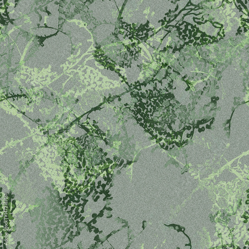 Forest biome ecosystem abstract seamless texture in calm grey green halftones. Nature pattern for textile, wallpaper, wall panel, bedding, outhwear, organic package. High quality illustration