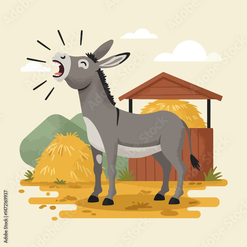 Donkey Braying Loudly Near Haystack and Wooden Shelter Cartoon Illustration