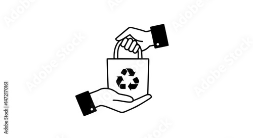 Hand carrying recycle bag black and white icon