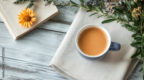 Cozy coffee break with books and flowers on a wooden table.
