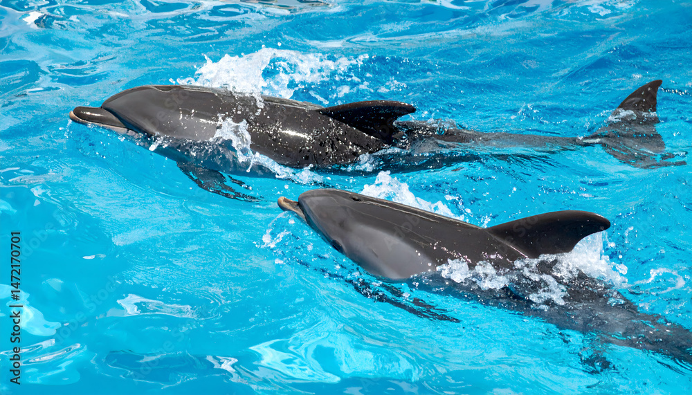 Obraz premium Two dolphins swimming together in the blue ocean water sunlight