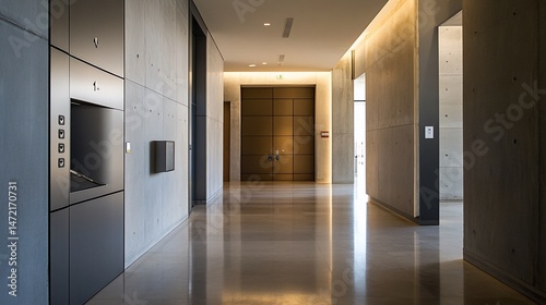 Empty modern concrete hallway with polished floor, recessed lighting, and dark gray metal panels.