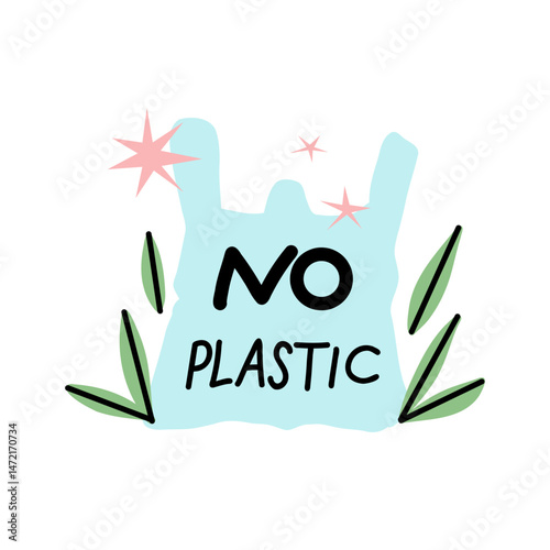 No plastic. Packet or packaging with text and green leaves. Stop cellophane pollution. Label, emblem or sticker design. Eco friendly. Vector cartoon flat isolated illustration