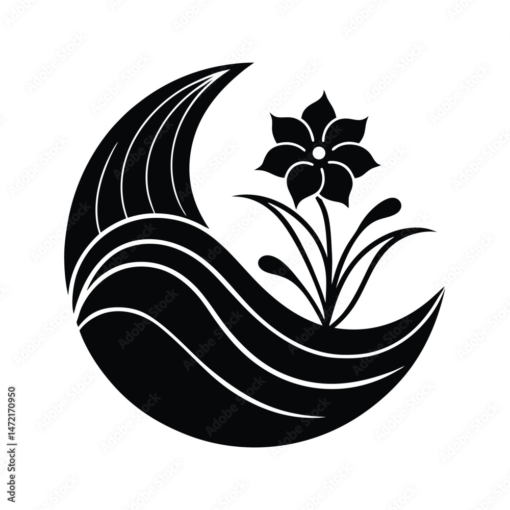 Elegant japanese mon design featuring flower and flowing crescent shape in clean monochrome style
