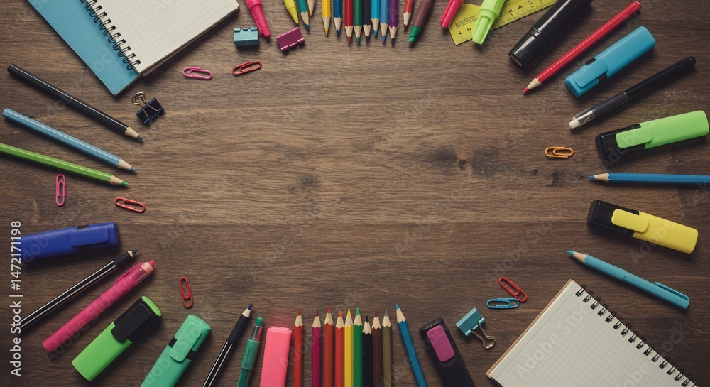 Fototapeta premium Stationery on a wooden desk forms a circle.