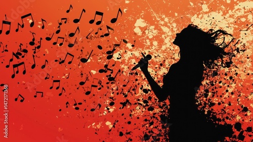 A silhouette of a singer with notes flowing around
