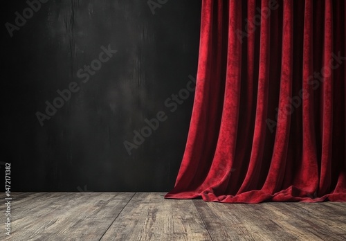 Red velvet curtain pulled back to reveal a dark, textured wall and rustic wooden floor, creating a dramatic stage-like setting. : Generative AI
