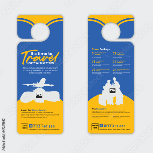Creative Travel and Tourism Agency Door Hanger Design Template for Promoting Holiday Packages, Vacation Deals, Tour Packages, and Special Offers. Perfect for Travel Agencies and Tour Operators.