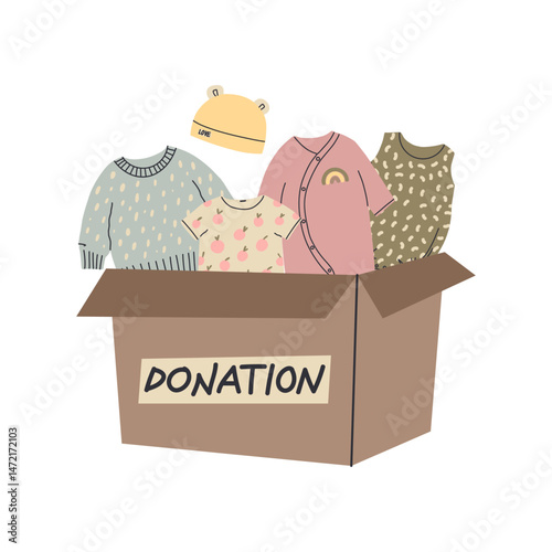 Baby clothes donation. Kids and newborn bodysuit, hat and pants in box. Sharing for children. Charity concept. Volunteer care, poor family social, support. Donate advertising. Vector illustration