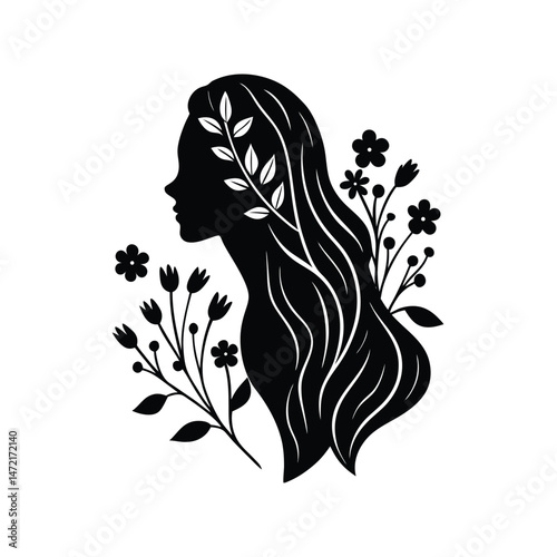 Silhouette of a woman with flowing hair adorned with leaves and delicate floral sprigs in black and white