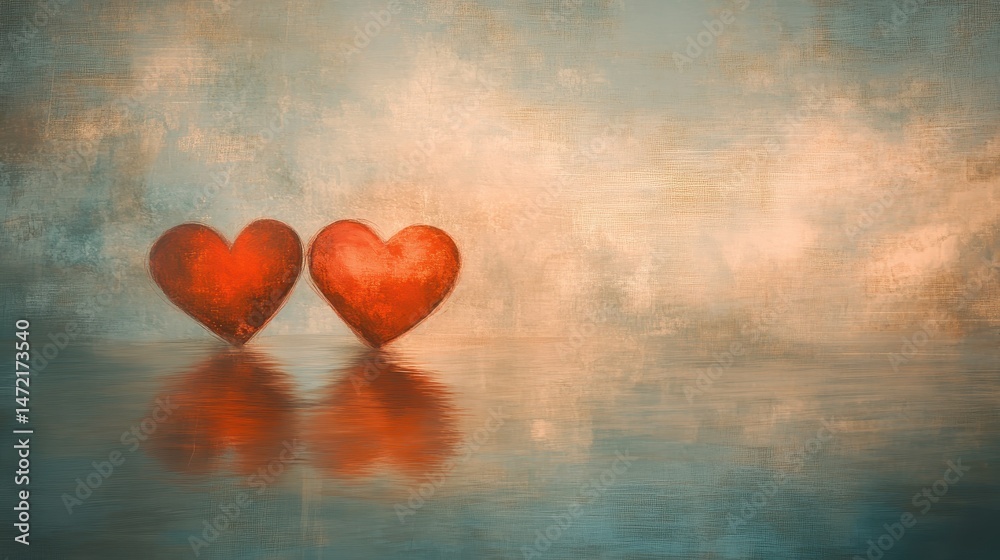 Fototapeta premium Two Red Hearts Reflecting on Calm Water Abstract Painting