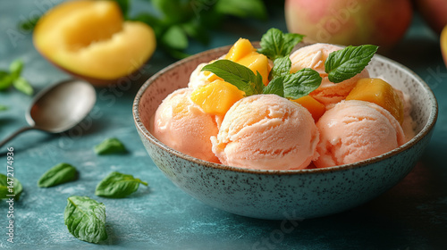 Peach sorbet ice cream scoops in ceramic bowl garnished with fresh fruit slices and mint leaves on teal background. Concept of summer dessert