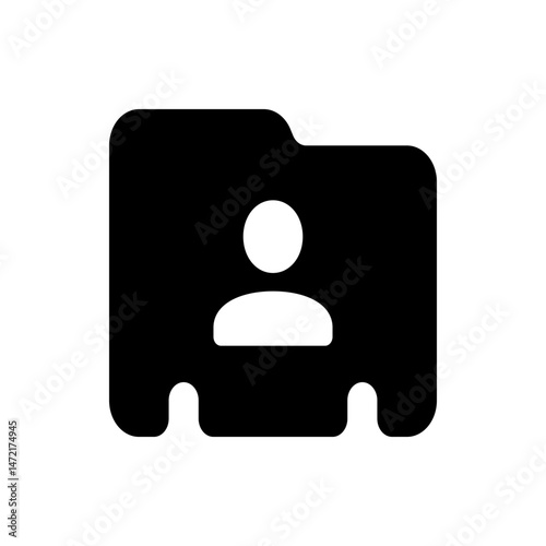 Black folder icon with white person silhouette inside representing user profile or contact details, simple design