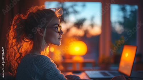 White woman with glasses working on laptop during sunset with warm golden light illuminating face profile. Concept of remote work and digital lifestyle