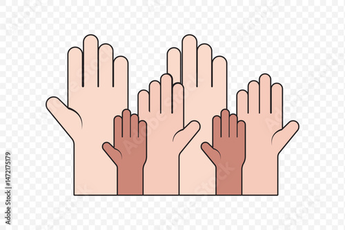 Multicolored hands raised up. The concept of friendship, peace, equality, racial diversity, inclusivity. Teamwork concept. Vector clipart. EPS 10.
