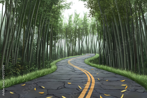 Peaceful bamboo forest illuminated by soft morning light with a narrow road winding through tall green bamboo stalks, creating a serene and natural atmosphere perfect for nature, travel, and landscape
