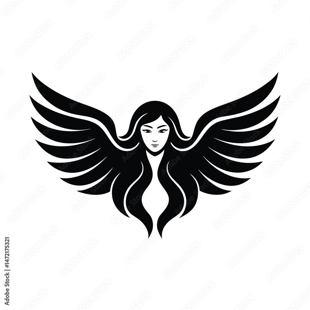 Obraz premium Beautiful winged woman logo design in monochrome style symbolizing freedom and elegance in vector form.