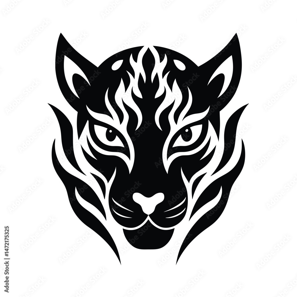 Fototapeta premium Black and white tiger head illustration featuring tribal tattoo inspired art design