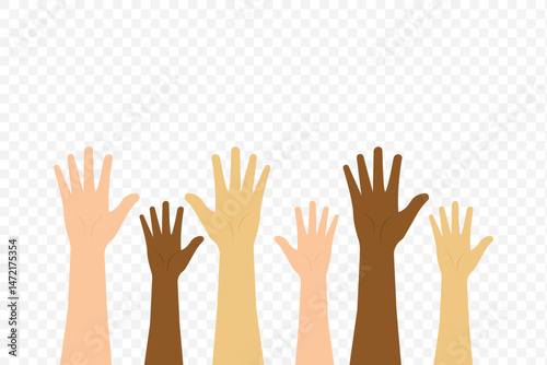 Multicolored hands raised up. The concept of friendship, peace, equality, racial diversity, inclusivity. Teamwork concept. Vector clipart. EPS 10.