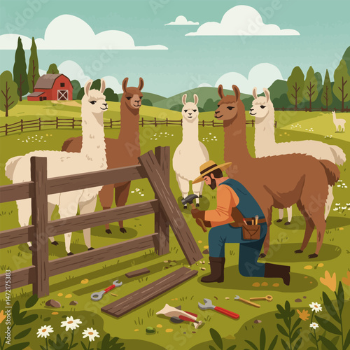 Repairing Fence Around Pasture with Llamas in Rural Countryside Scene