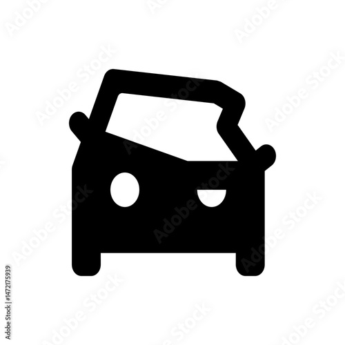 Silhouette of a car with rounded edges, featuring two circular headlights and a simplified body design is shown