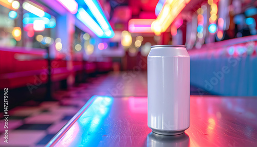White can mockup on retro diner table with neon lighting effect