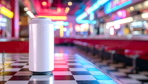 White can on checkered diner table with neon lights for mockup and advertising