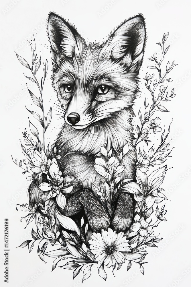 Obraz premium Intricate fox illustration surrounded by blossoms artistic nature