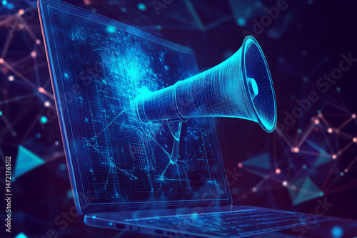 Digital blue vector megaphone on a laptop screen with glowing lines and dots, a technology concept for online marketing