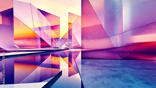 Geometric pastel structures reflect in glossy floors under a soft luminous sky, creating a futuristic, serene vista