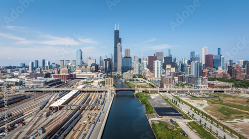 Aerial panoramic view of the Chicago City Skyline on a sunny day. August 29, 2024.
