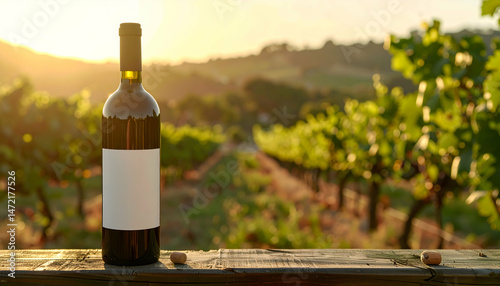 Wine bottle with blank label in vineyard at sunset for commercial use